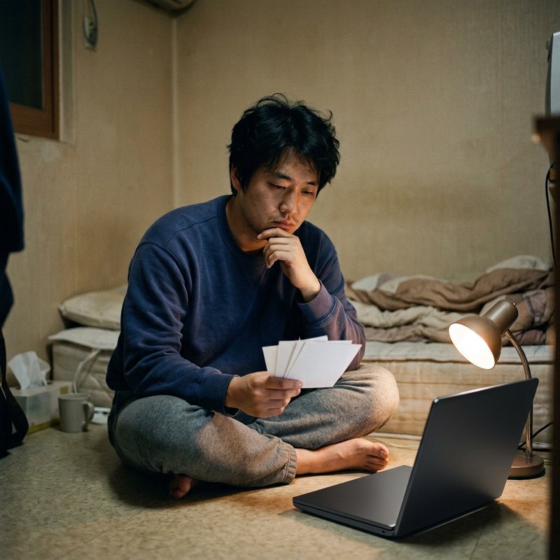 집에서 채무 내역을 확인하는 모습